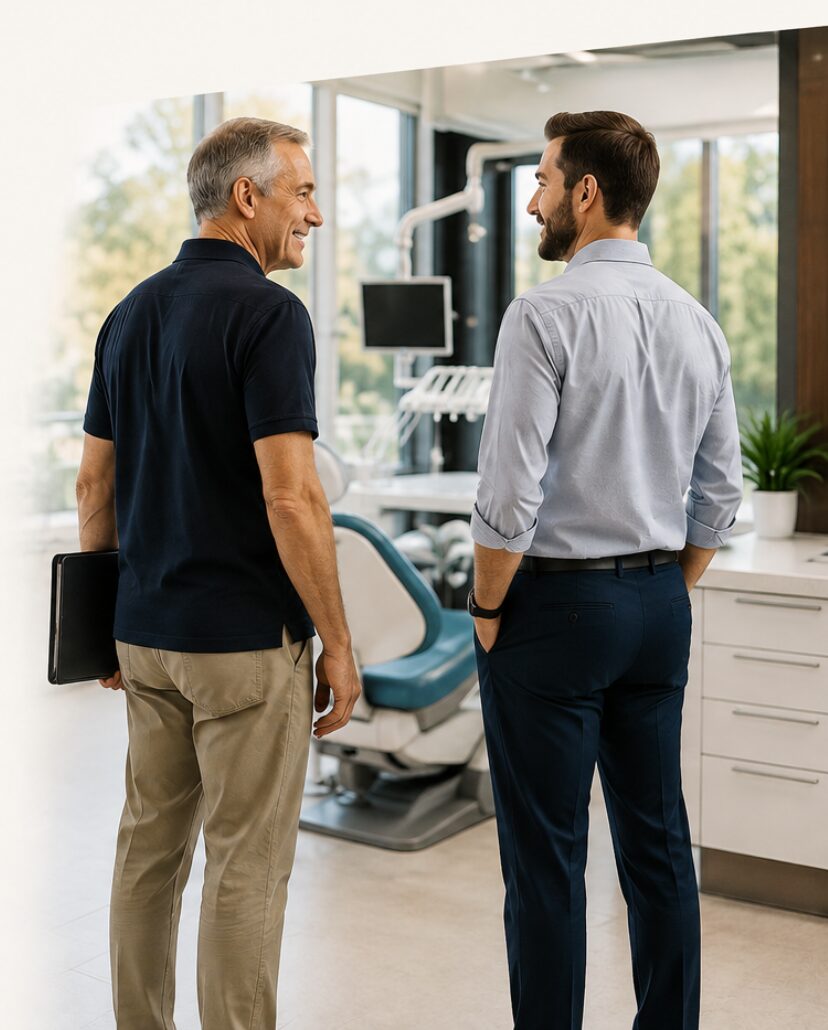 A practice owner and a younger dentist talking beside the chair in a treatment room.